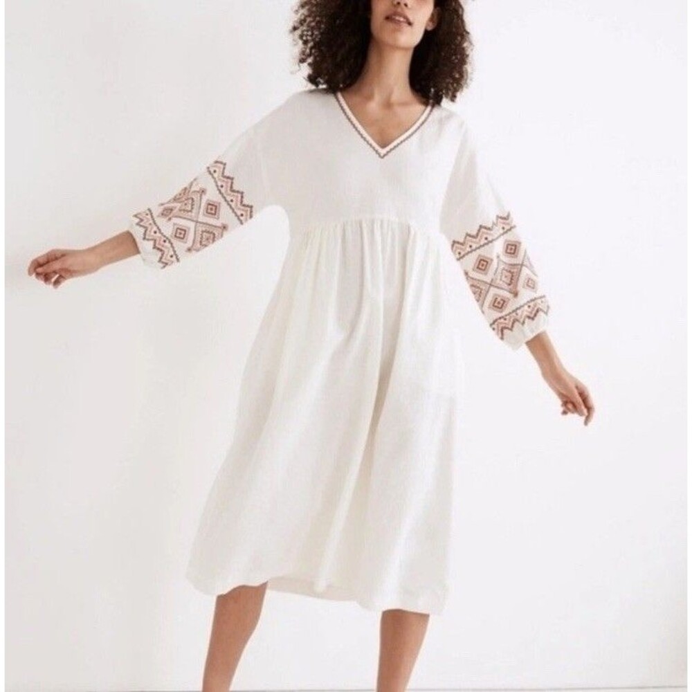 Madewell Linen Embroidered Sleeve Popover Dress White Boho Small